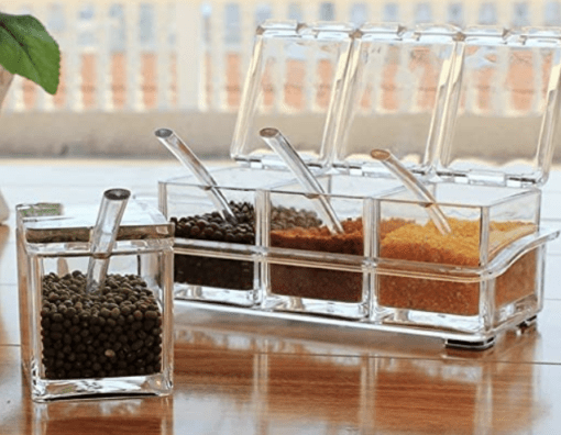 Crystal Plastic Seasoning Acrylic Spice Rack, 4 Pieces Box with 4 Spoons, Kitchen Ware, Masala Container. - Image 3